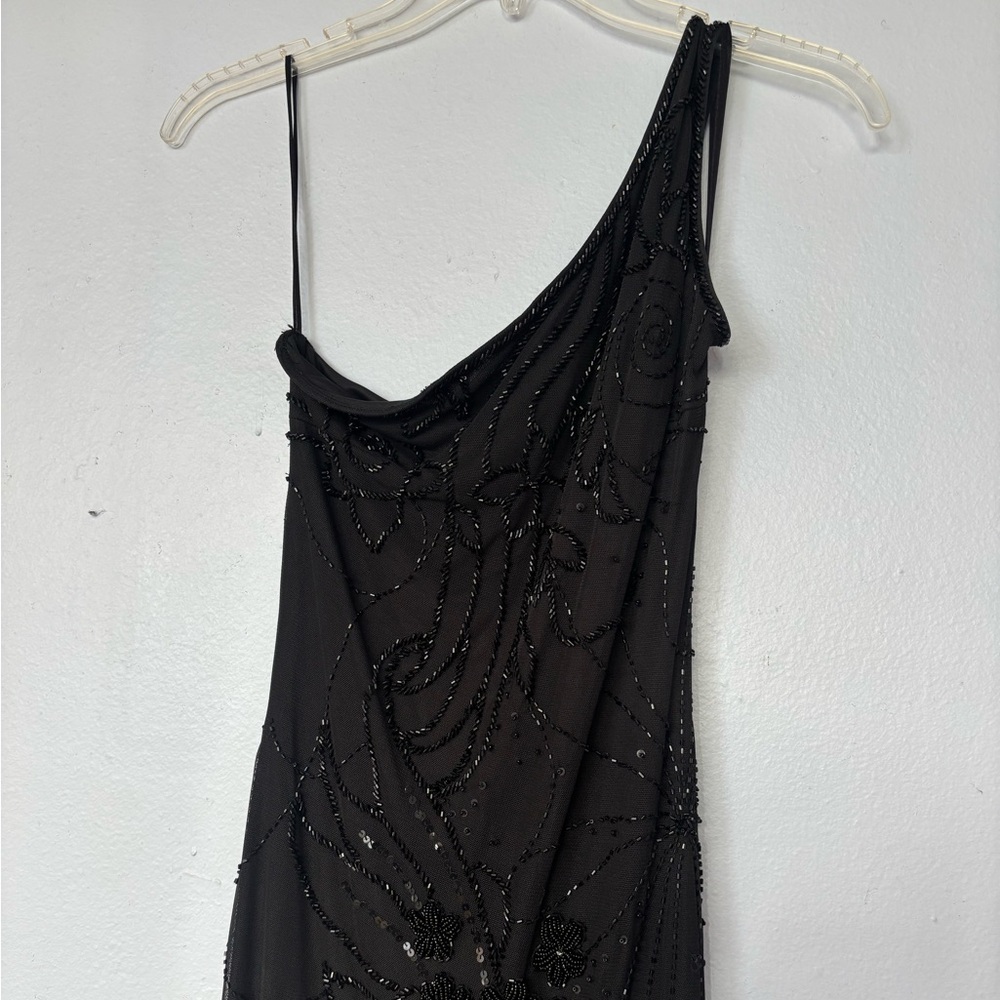 Caché Beaded One-Shoulder Black Maxi Dress